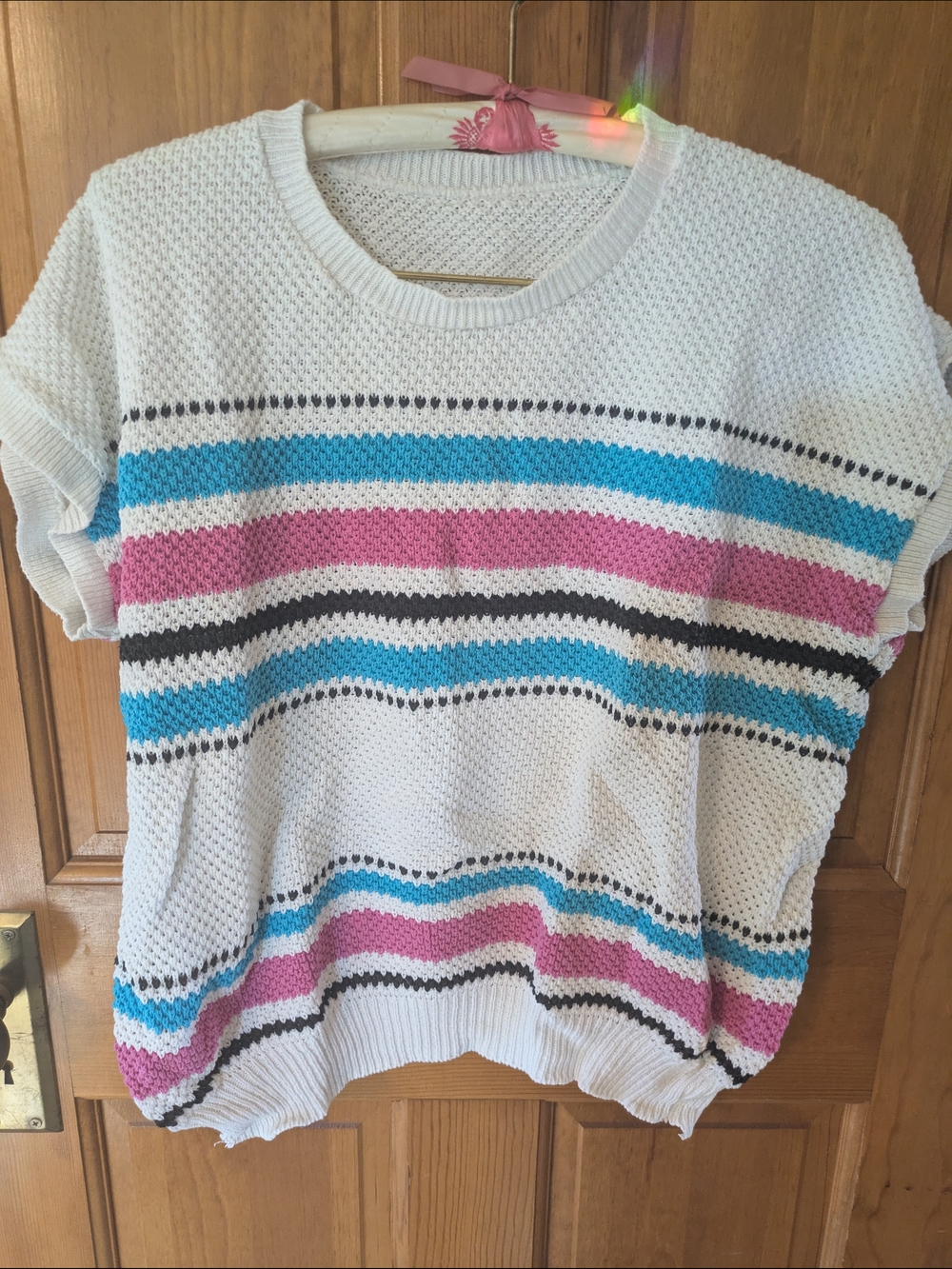 White Knit Short-Sleeve Sweater with Pink & Teal Stripes
